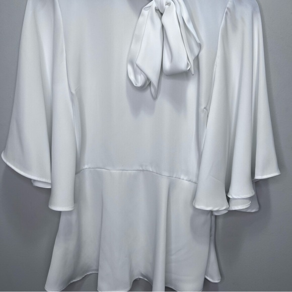 Zara White Peplum Blouse Batwing Sleeve Necktie Bow Size Small - Picture 5 of 15